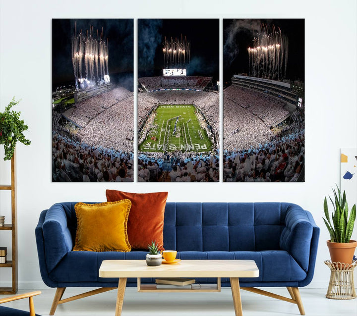 The Penn Stadium Football Wall Art Canvas Print showcases the lively ambiance of a bustling Pennsylvania University football stadium illuminated by fireworks.