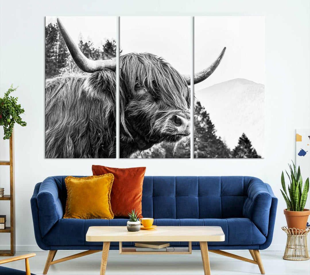 The Scottish Longhorn Wall Art Canvas Print features a highland cow with long horns and shaggy hair displayed on a museum-quality canvas. Equipped with a UV-protective coating for durability, it's ready to hang and enjoy for years to come.