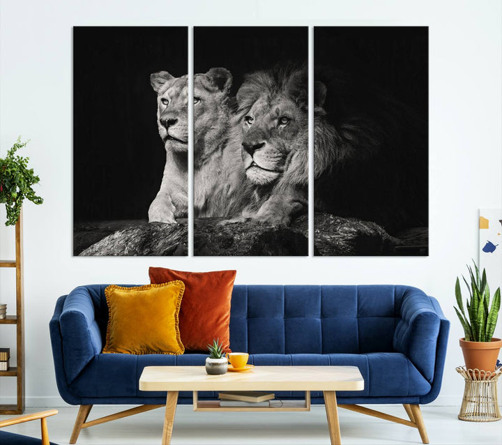 The elegant wildlife portrait, "Lion Couple Canvas Wall Art Print," featuring a black and white depiction of a lion family, majestically decorates the living room wall.