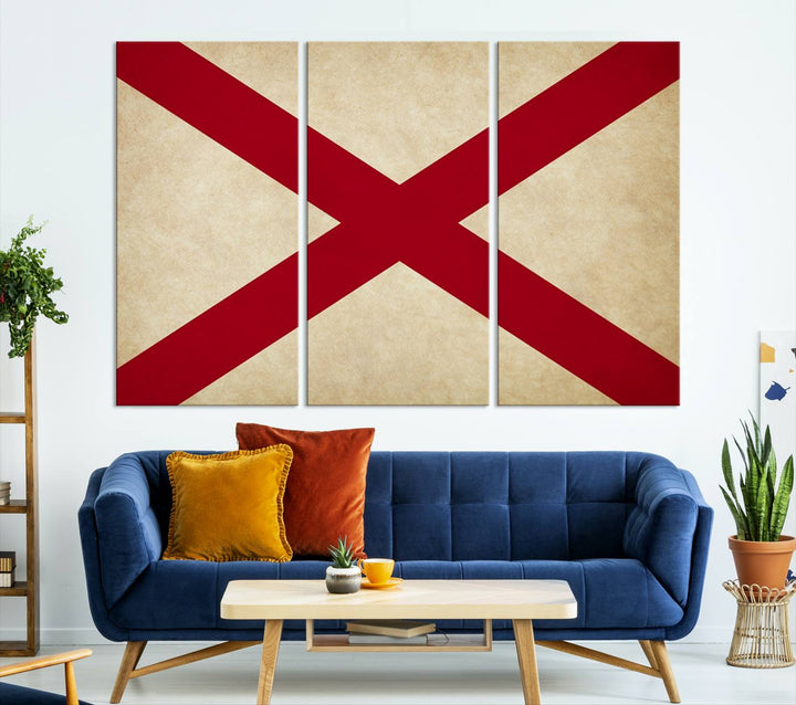 The USA Alabama States Flag Wall Art, featuring a red diagonal cross on a cream background, is elegantly displayed on museum-quality canvas with a UV-protective coating.