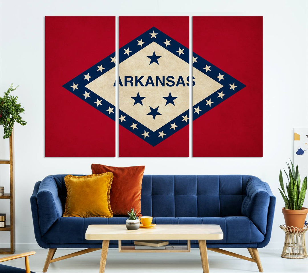 The Arkansas Flag Wall Art Canvas Print is displayed on gallery-wrapped, museum-quality canvases. Its vibrant colors are preserved by a UV-protective coating, ensuring long-lasting brilliance in your living space.