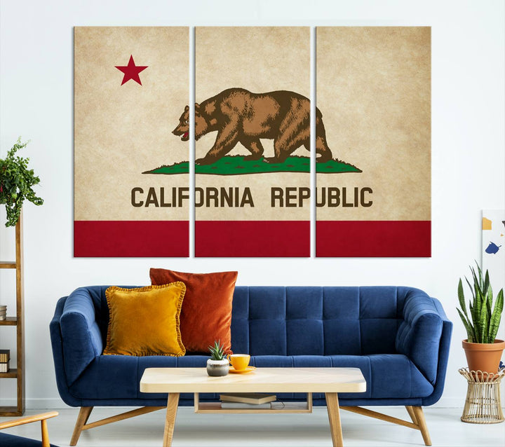 The Calinia States Flag Wall Art Canvas Print, featuring a bear and star design reminiscent of the California Republic flag, is crafted on museum-quality polycotton canvas with a UV-protective coating and is proudly made in the USA.