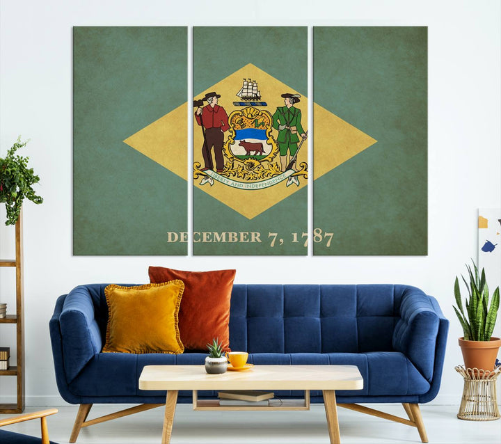 The Delaware States Flag Wall Art Canvas Print, featuring museum-quality material and a UV-protective coating, hangs elegantly, ready to be admired.