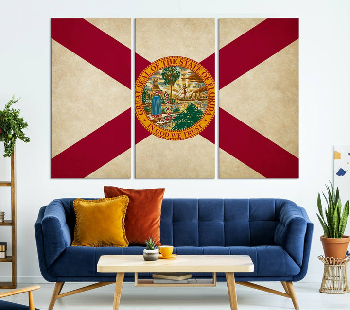 A Florida States Flag Wall Art Canvas Print, featuring a UV-protective coating for museum-quality preservation, is displayed.