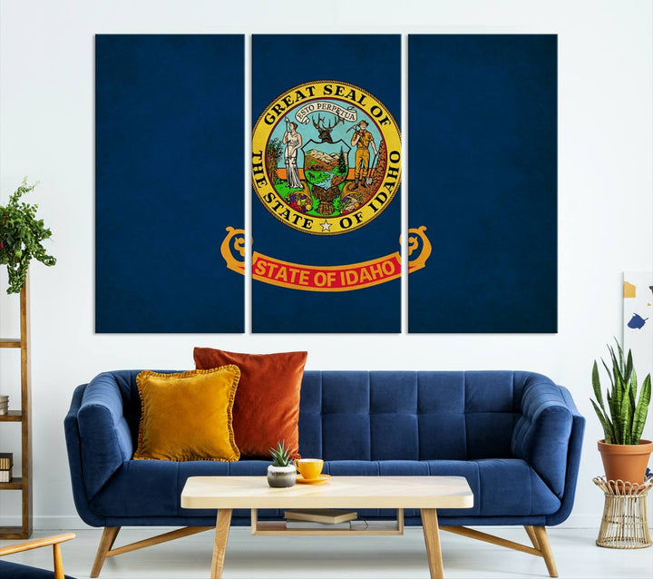 The Idaho USA States Flag Wall Art Canvas Print, featuring a UV-protective coating for lasting vibrancy, is ready to hang.