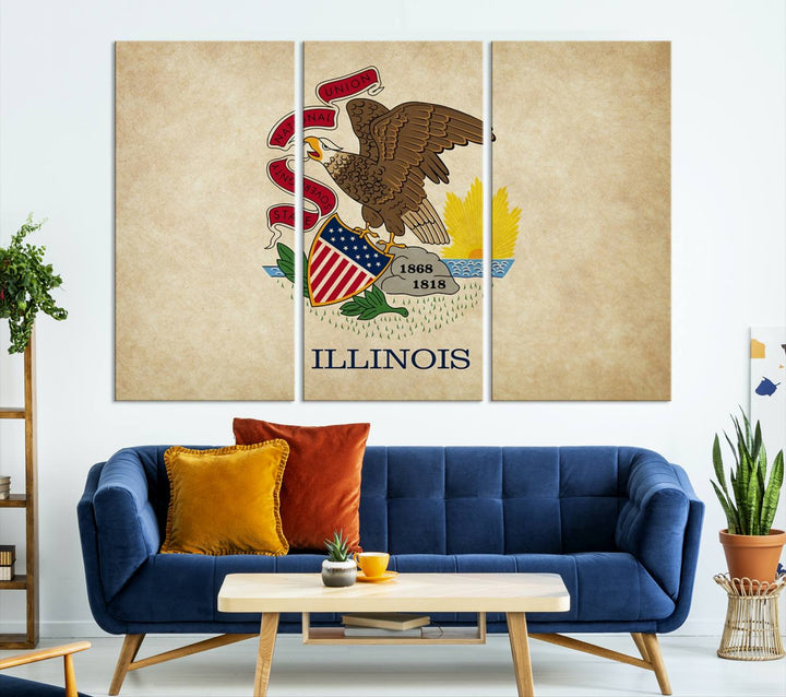 The Illinois State Flag Wall Art Canvas Print, crafted on museum-quality canvas with a UV-protective coating, is displayed prominently.