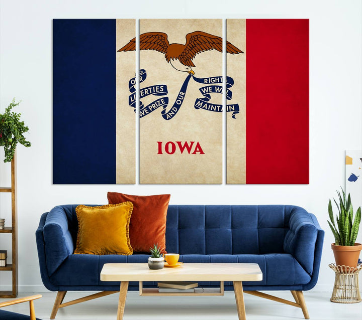 A beautiful Iowa States Flag Wall Art enhances the area, made on museum-quality canvas and boasting a gallery-wrapped design for enduring elegance.