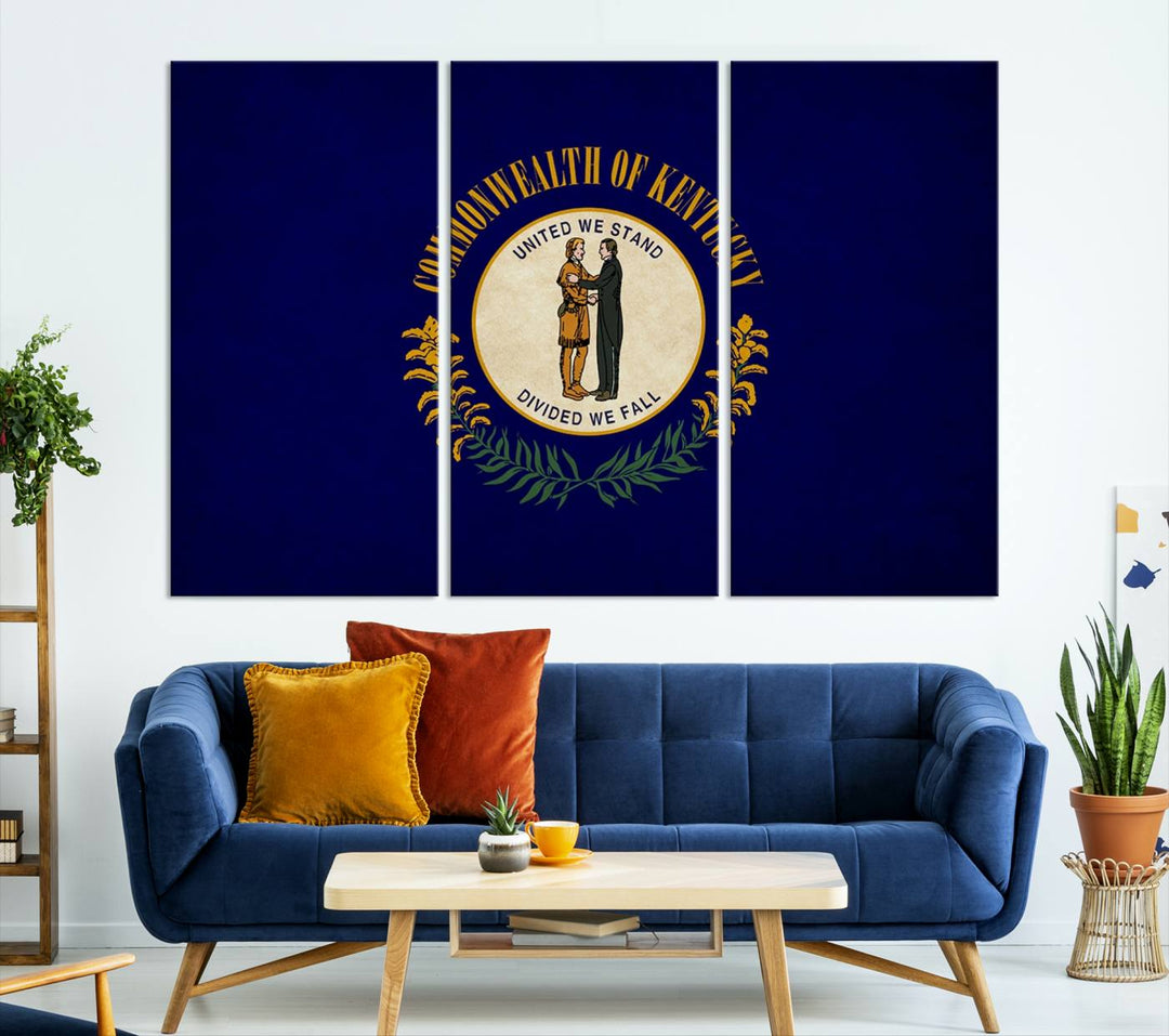 A museum-quality canvas of the Kentucky State Flag Wall Art graces the wall, featuring a UV-protective coating to maintain its vivid colors. Benefit from free shipping on this impressive home decor piece.