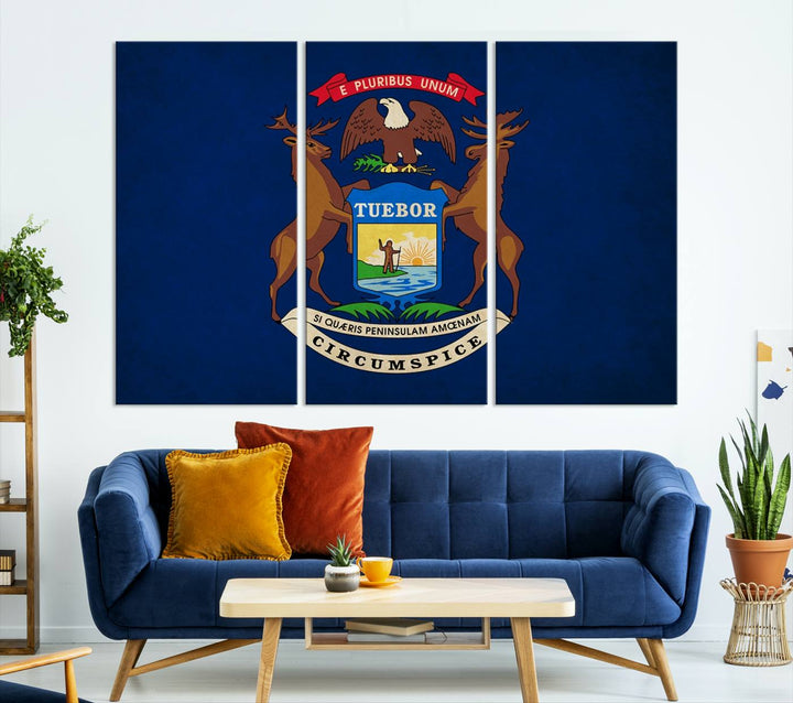 A piece of Michigan State Flag Wall Art on museum-quality canvas features a UV-protective coating to maintain its vibrant colors.