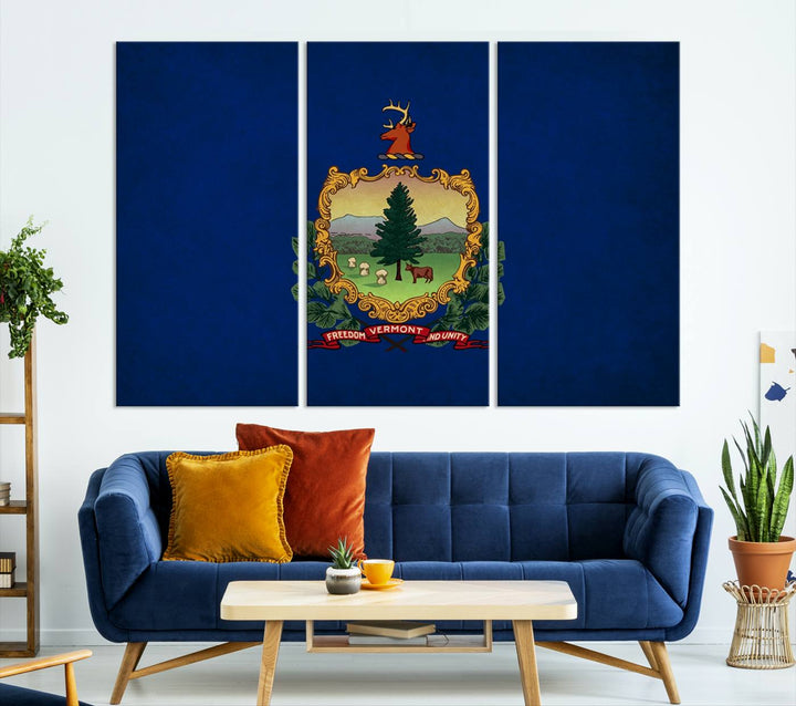 The Vermont Flag Wall Art Canvas Print is a museum-quality piece enhanced with UV-protective finishes, offering both style and durability. Enjoy free shipping on this classic decor addition.