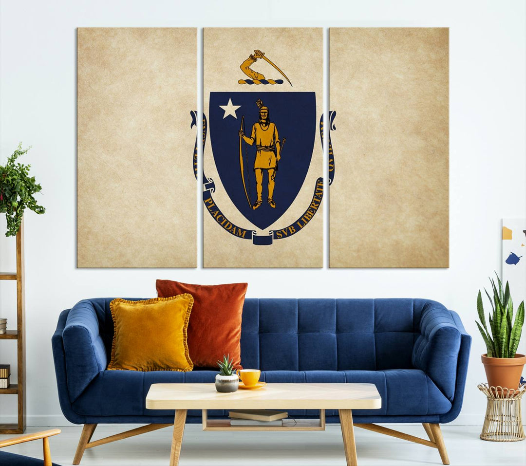 The Massachusetts State of Flag Wall Art Canvas Print, handcrafted on a museum-quality canvas with UV-protective coating, decorates the wall. It is ready to hang and adds a touch of elegance to the space.