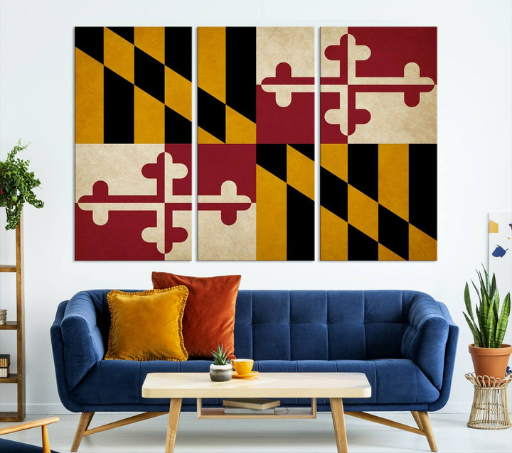 The Maryland Flag Wall Art Canvas Print, boasting a UV-protective coating for vibrant colors and durability, is a museum-quality piece offered with free shipping, making it the perfect addition to your space.