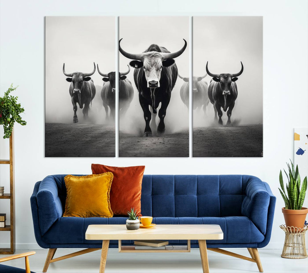 The Texas Longhorn Cow Animal Wall Art Canvas Print beautifully embellishes the area with its depiction of longhorn cattle in a misty setting, seamlessly integrating Western decor into the space.