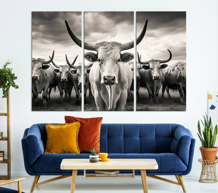 A Texas Longhorn Cow Animal Wall Art Canvas Print introduces a Western-themed accent.