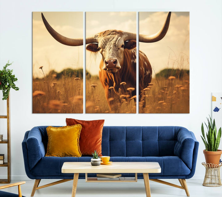 Cow Bighorn Wall Art Canvas Print, Longhorn Texas Cow Animal Canvas Print