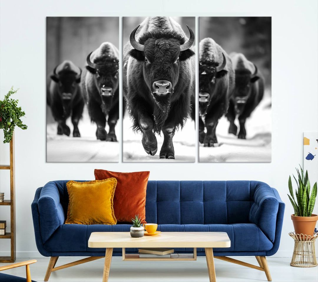 A modern living room features a striking black-and-white American Bison Art | Buffalo Herd Wall Art Canvas Print on the wall.