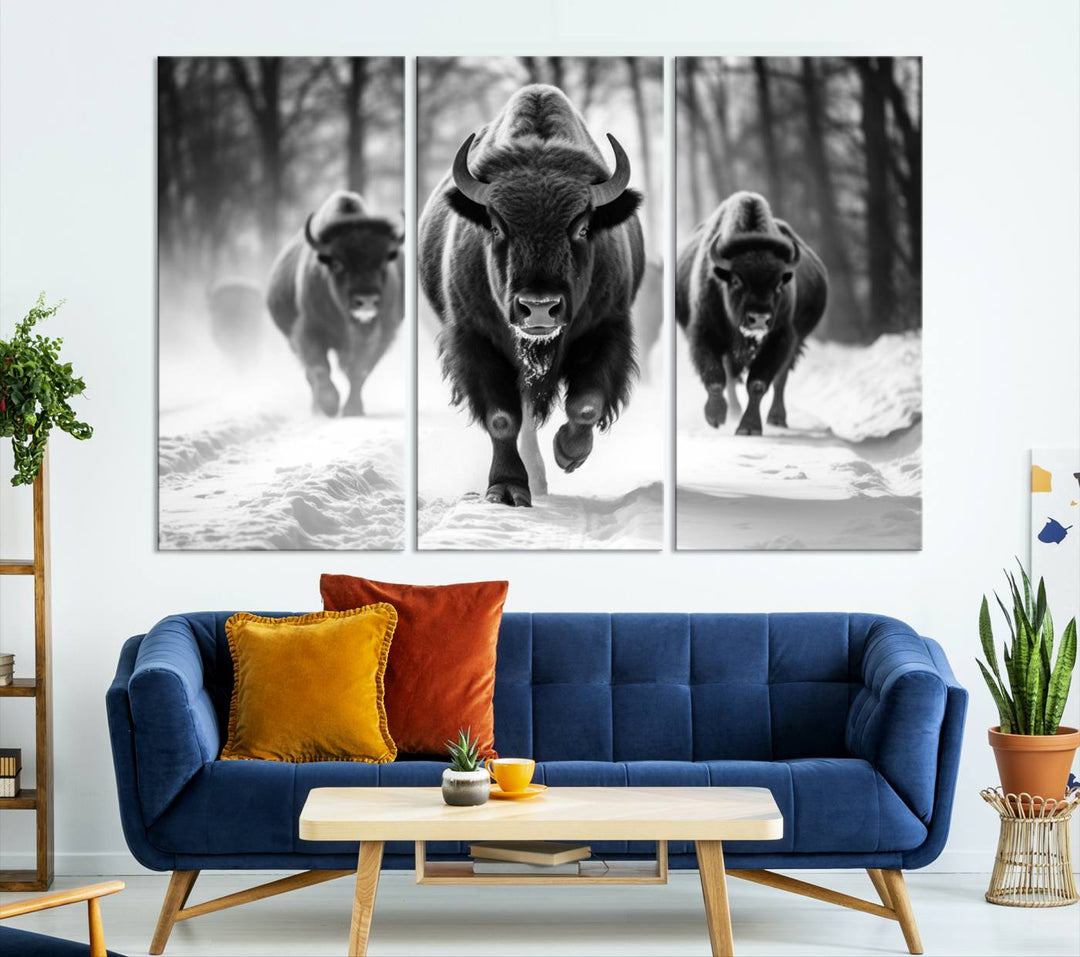 Transform your living room with the Buffalo Wall Art Canvas Print triptych, showcasing a bison family in motion across a snowy landscape. This striking Western decor piece becomes the focal point of any room.