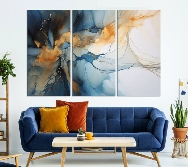 Navy Blue Orange Abstract Wall Art, Abstract Printing, Abstract Canvas Print