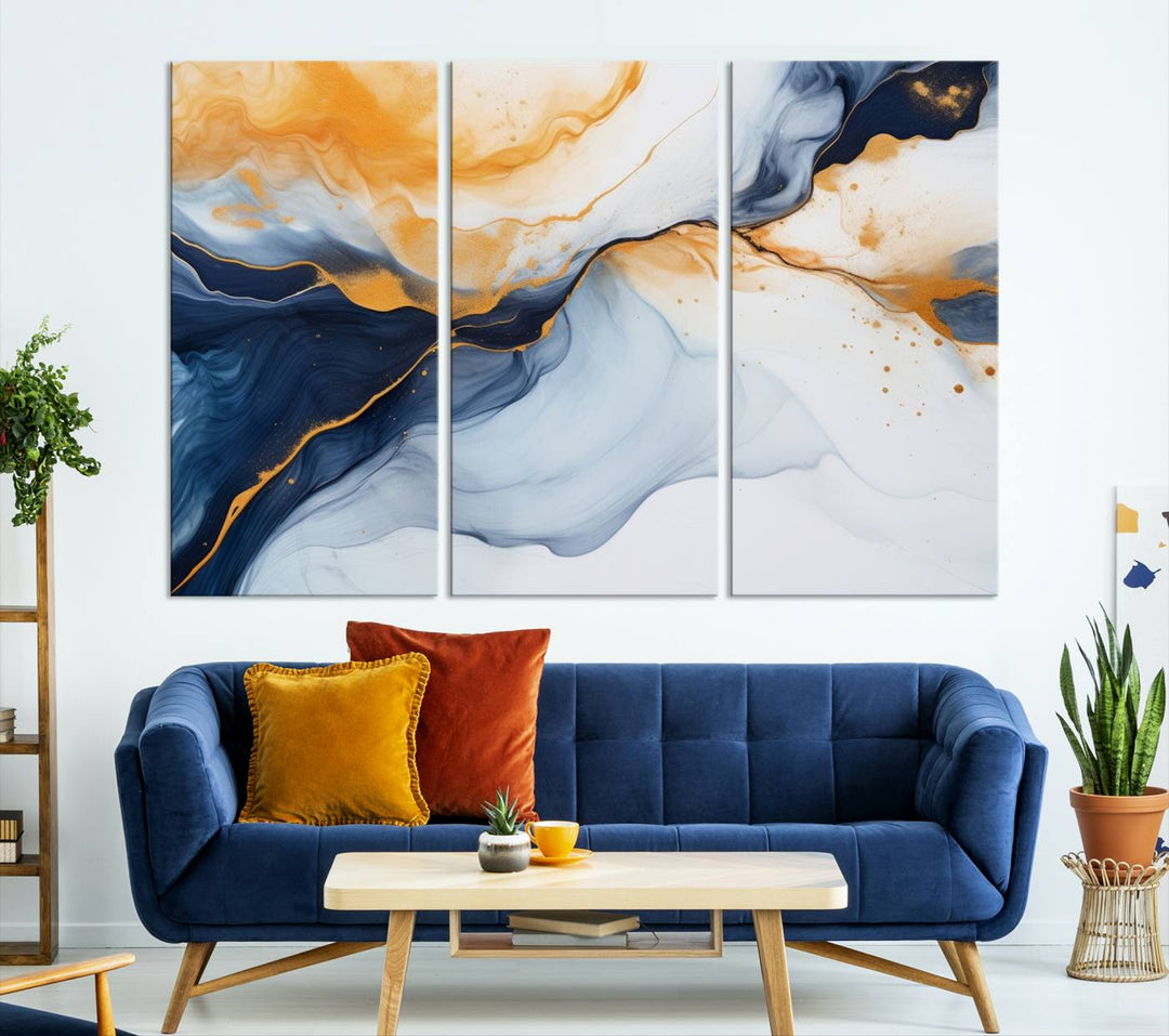 Modern living room featuring the 'Extra Large Orange Navy Blue Abstract Wall Art Canvas Print.'