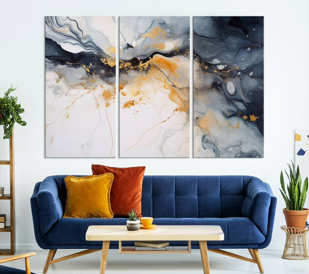 The Dark Blue and Orange Abstract Wall Art, featuring museum-quality canvas with captivating dark and golden swirls, is ready to hang and boasts a UV-protective coating to ensure enduring vibrancy and sophistication.