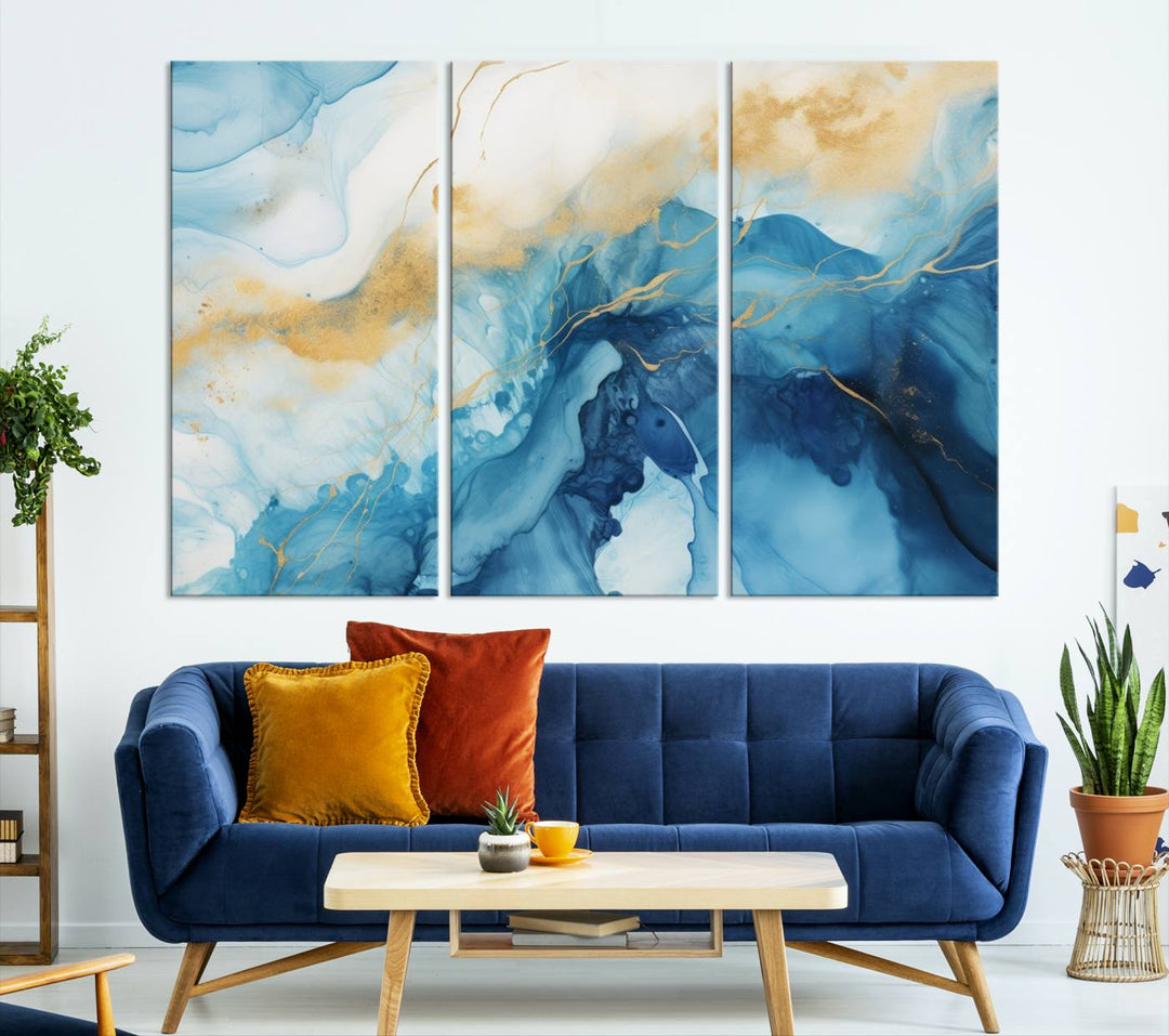 Blue and Gold Abstract Canvas Wall Art Print – Contemporary Fluid Design with Luxe Marble Effect – Ready to Hang