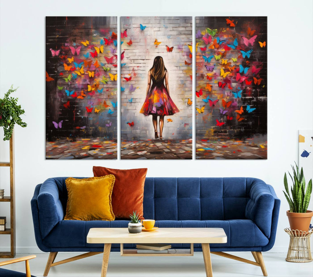 A vibrant artwork titled "Graffiti Wall Art Canvas Print Girl Butterfly Graffiti Abstract Canvas Print" is displayed above the couch. This gallery-wrapped masterpiece, printed on museum-quality canvas, features a UV-protective coating to preserve its vivid beauty.