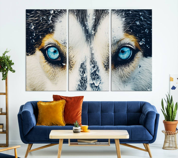 The captivating "Winter Siberian Husky Wolf EYE Wall Art Canvas Print" showcases the striking blue eyes of the animal portrait.