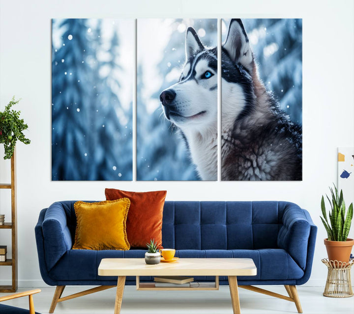 The "Winter Siberian Husky Wolf Wall Art Canvas Print" is elegantly displayed, enhancing the room's cozy ambiance in a snowy forest setting.