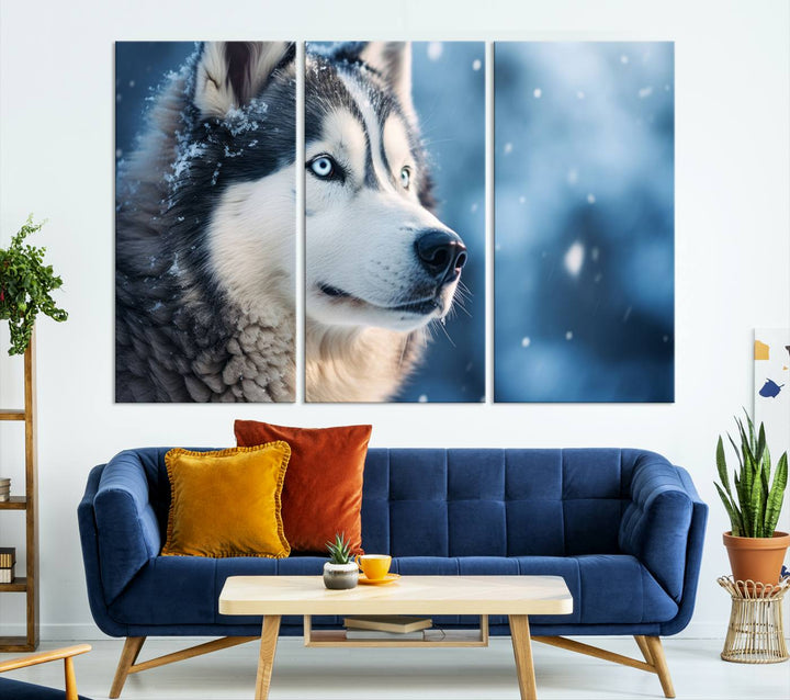 The space above the sofa features the Winter Siberian Husky Wolf Wall Art Canvas Print, creating a stunning snowy scene.