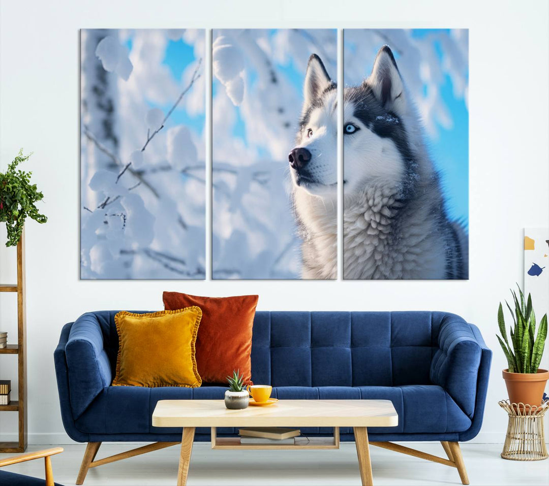 The Siberian Husky Art Canvas elegantly enhances the room.