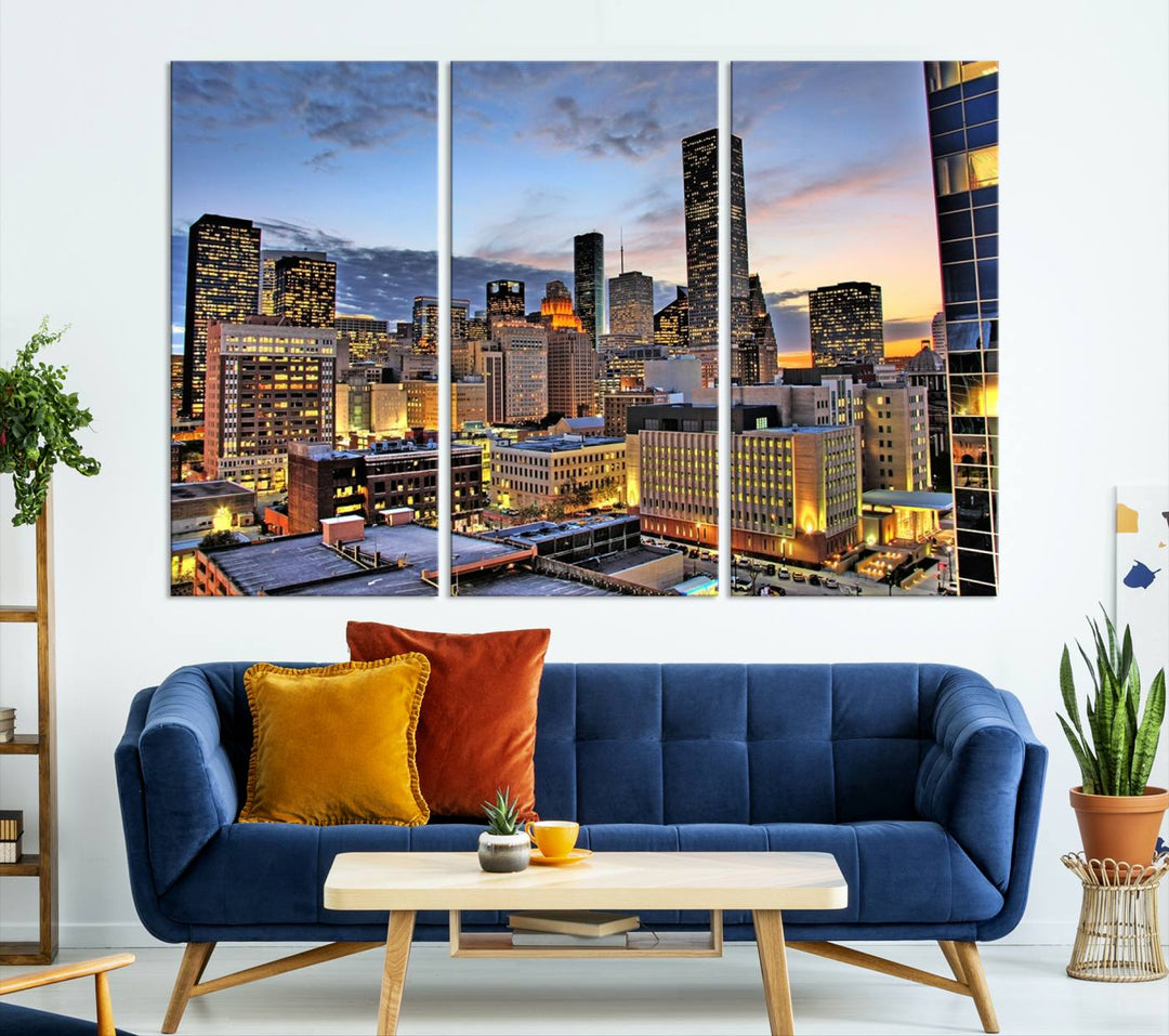 The modern living room features the Houston Wall Art Canvas Print on the wall. This professional craftsman framed masterpiece depicts a cityscape and is created with museum-quality polycotton canvas, ensuring a polished look that enhances its elegant charm.