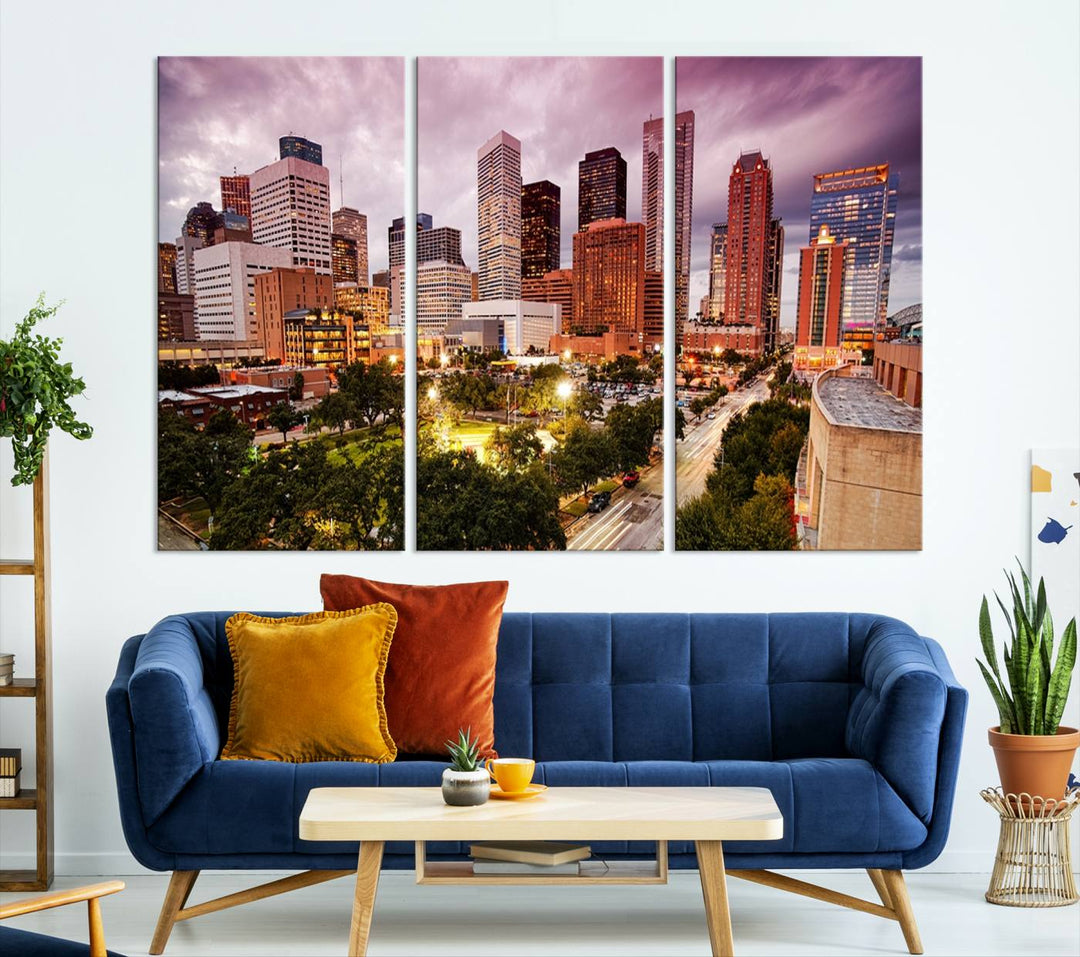 The Houston Wall Art Canvas Print in the living room displays a vibrant city skyline at twilight on museum-quality canvas with UV-protective coating.