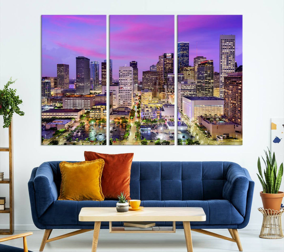 Houston Wall Art Canvas Print showcasing a vibrant cityscape at dusk on museum-quality canvas, expertly crafted by professional craftsmen.