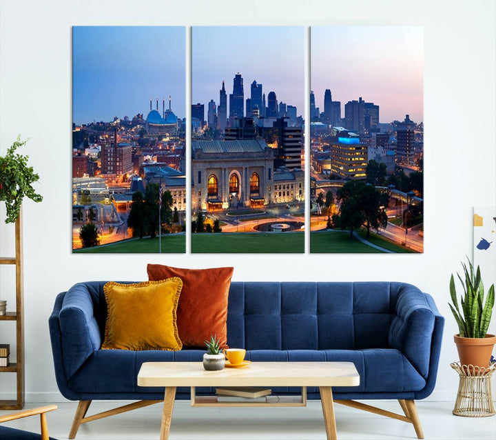 The Kansas City Skyline Canvas Wall Art Print hangs above, showcasing an iconic dusk cityscape with a historic building in the foreground, exuding urban sophistication.