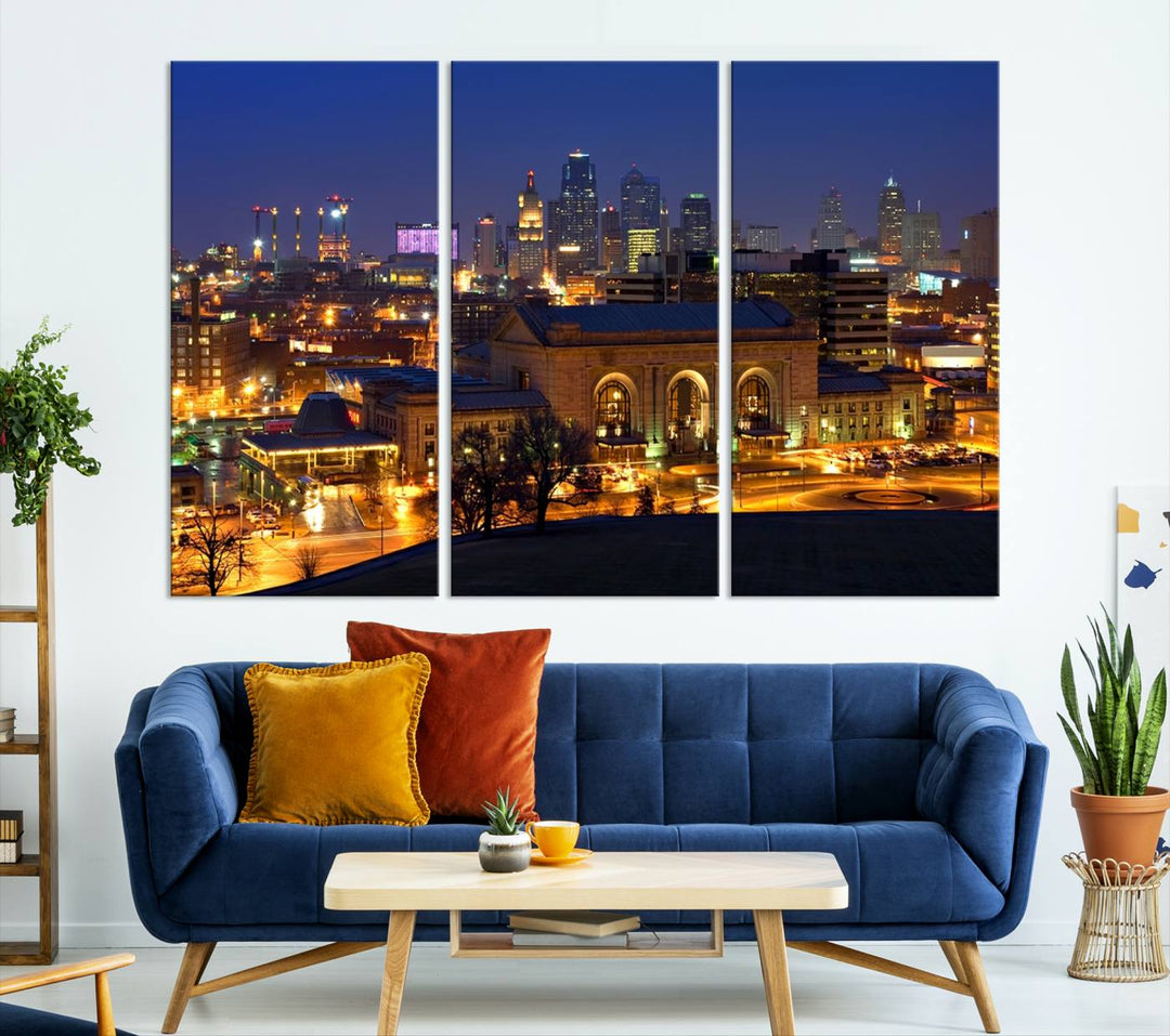 The Kansas City Night Canvas Print Wall Art creates a scene as captivating as museum-quality art, showcasing a city skyline at night with illuminated buildings.