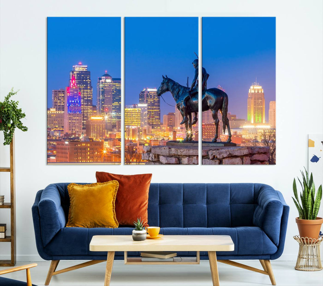 A large Kansas City Night Canvas Print Wall Art adorns the wall, gallery wrapped and finished with a UV-protective coating for lasting vibrancy.