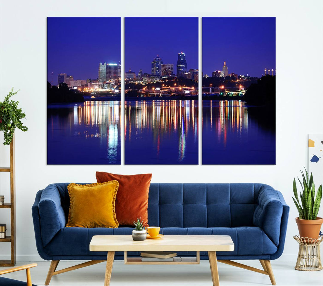 The Kansas City Night Canvas Print Wall Art captures the shimmering city skyline on the calm water, where every detail resembles a museum-quality polycotton masterpiece.