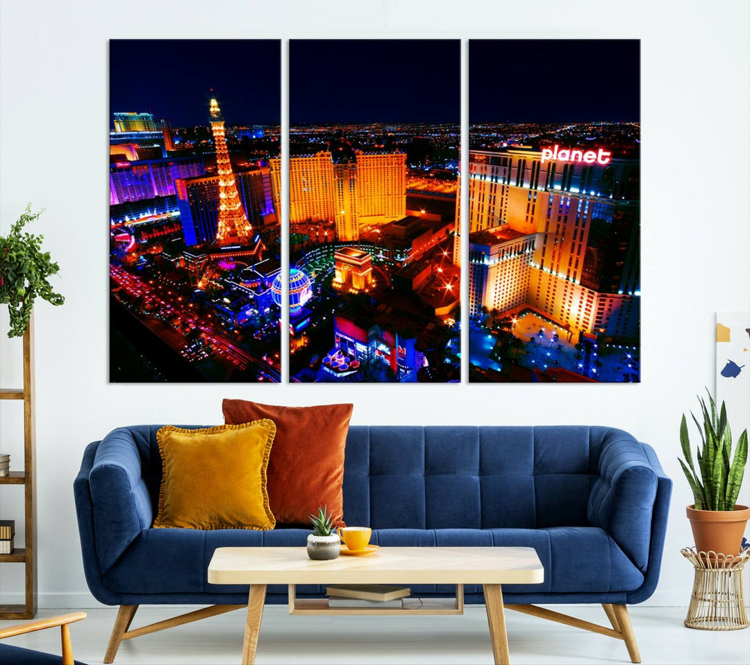 Las Vegas Wall Art Canvas Print showcases a dynamic and luminous cityscape at night with tall buildings and bustling streets. Expertly printed on museum-quality canvas, this gallery-wrapped artwork is enhanced with a UV-protective coating to ensure lasting brilliance.