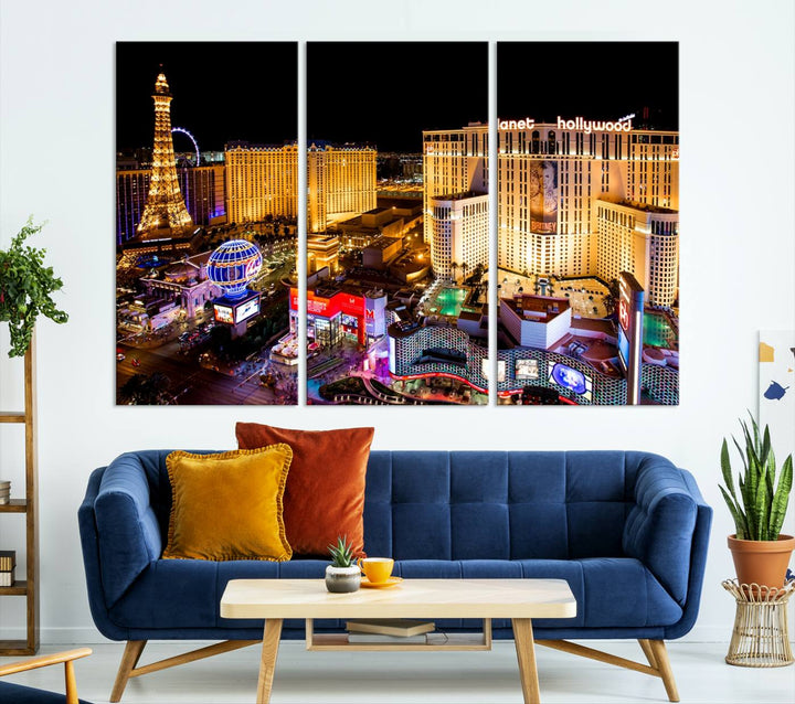 The Las Vegas Wall Art Canvas Print is a triptych set that showcases a stunning night view of Las Vegas. The illuminated buildings and the iconic faux Eiffel Tower add elegance to any space. Each piece comes with a UV-protective coating and is ready to hang, ensuring both style and durability.