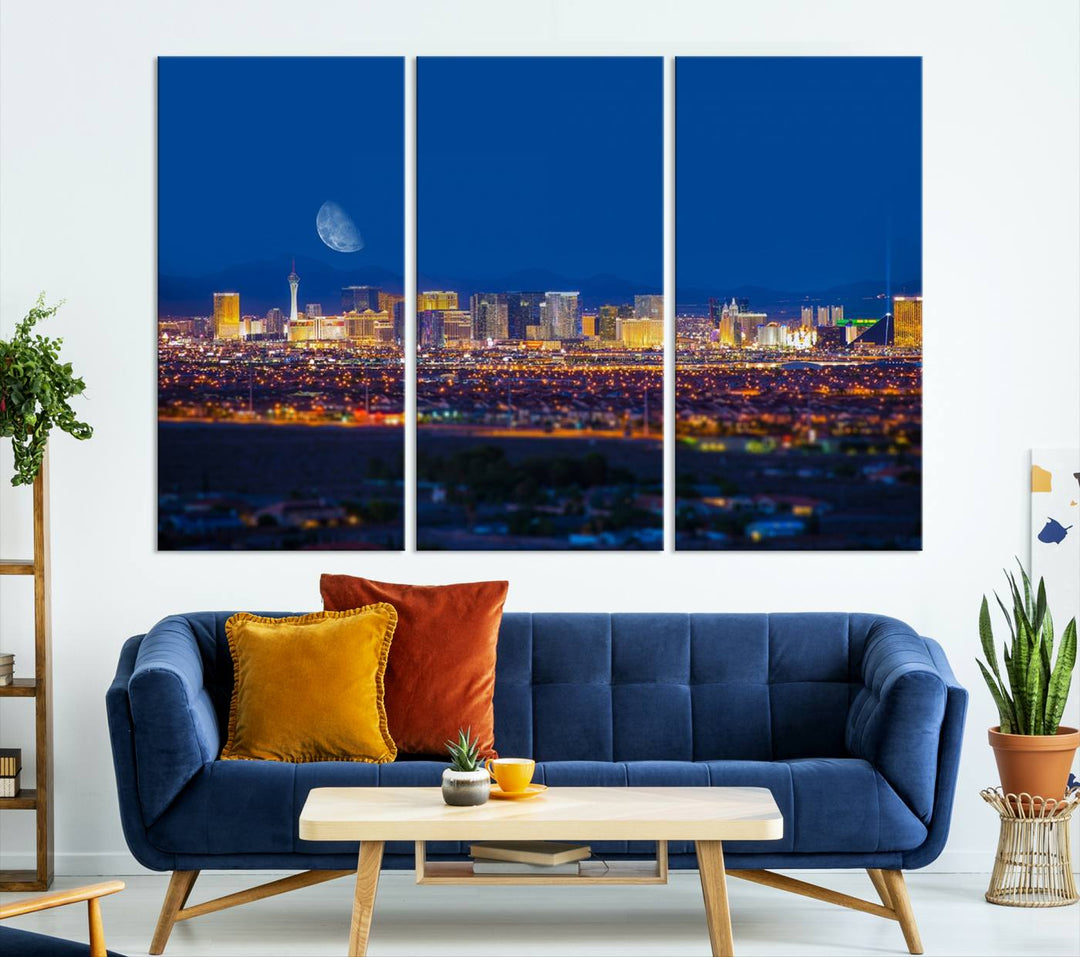 The Las Vegas Wall Art Canvas Print, depicting a city skyline at night, enhances a modern living room with its museum-quality canvas. This triptych comes ready to hang and boasts a UV-protective coating for lasting brilliance.