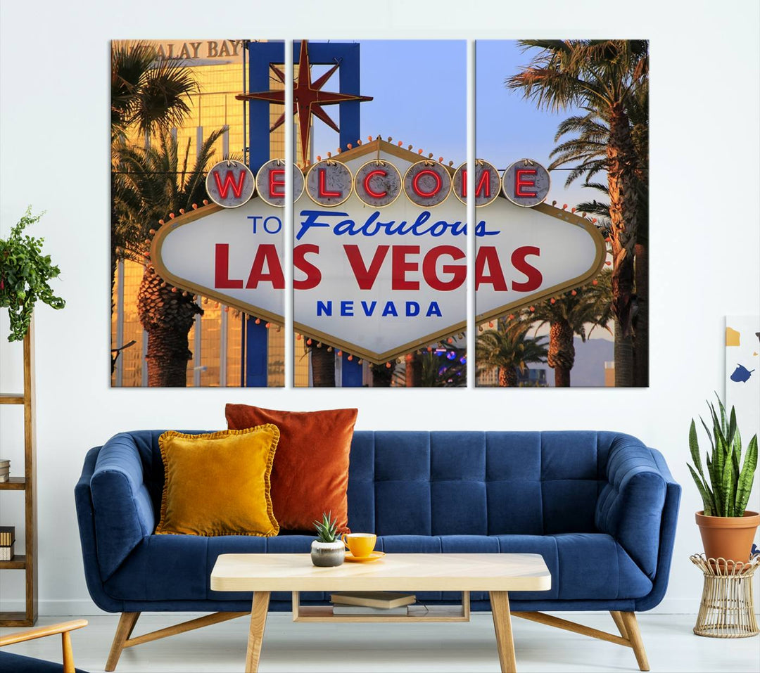 A Las Vegas Wall Art Canvas Print hangs on the wall, showcasing the iconic Welcome to Fabulous Las Vegas, Nevada sign. The museum-quality canvas guarantees vibrant colors with its UV-protective coating and is available with free shipping for added convenience.