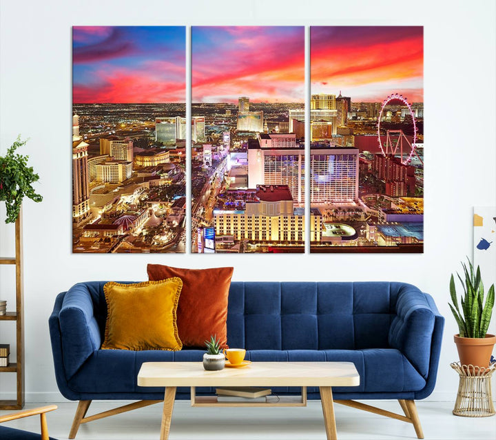 Las Vegas Wall Art Canvas Print depicting a vibrant cityscape at dusk on museum-quality canvas with a UV-protective coating, showcasing a skyline with colorful clouds.