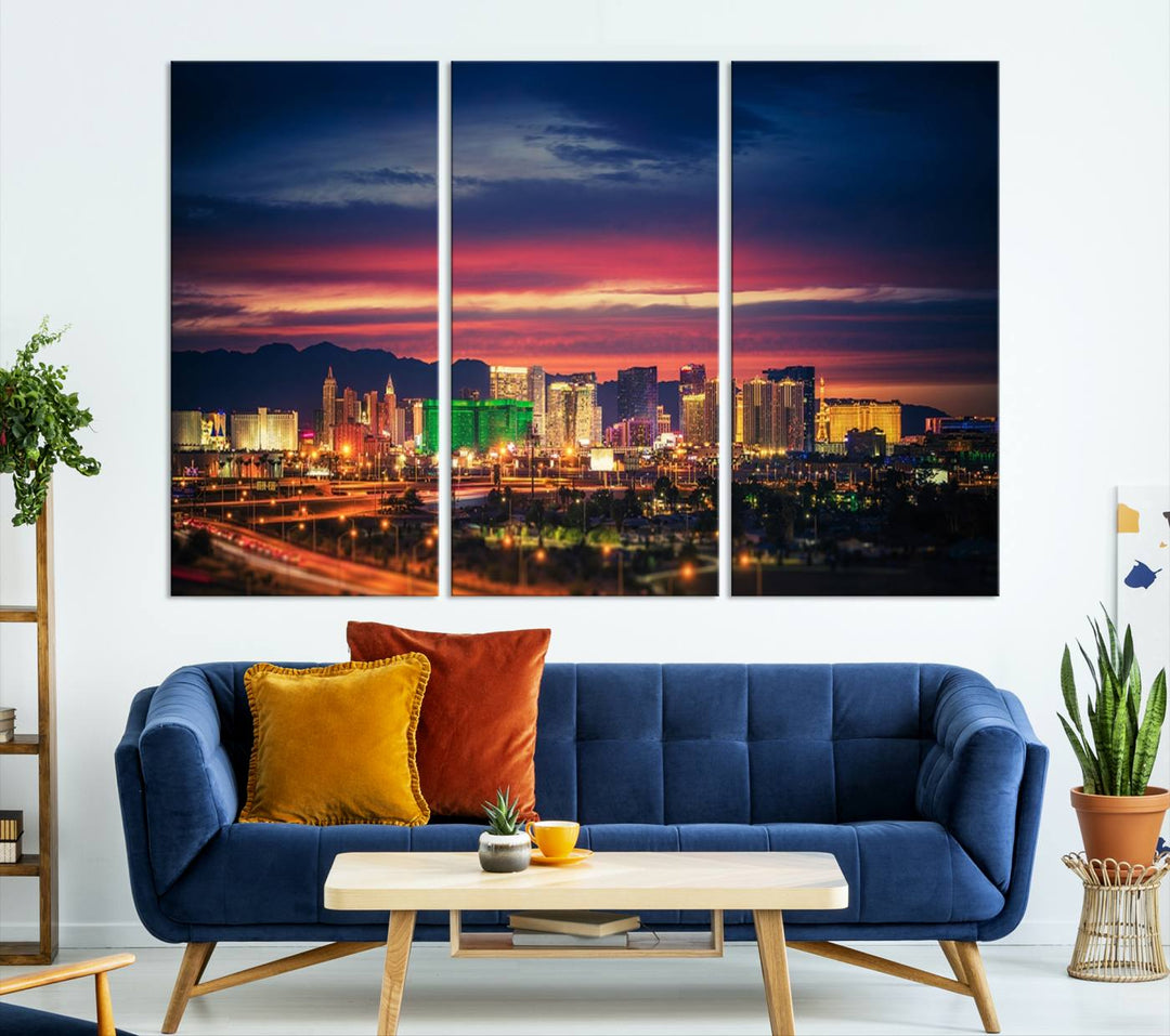 The living room is adorned with the Las Vegas Wall Art Canvas Print, a triptych showcasing a cityscape at sunset. This piece is crafted on museum-quality canvas and protected by a UV-coated finish, highlighting the craftsmanship of a skilled professional.