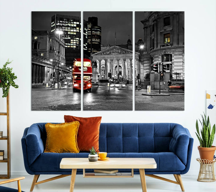 The London Night Red Bus Wall Art Canvas Print features a black and white cityscape with a moving red double-decker bus, crafted on museum-quality canvas with a UV-protective coating. This ready-to-hang artwork is designed to stand out and enhance any space.