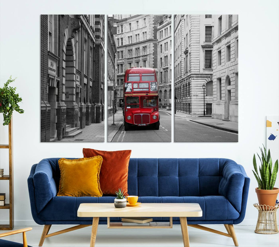 The living room features museum-quality London Red Bus Wall Art, showcasing a split canvas print of a red bus on a black and white city street. This artwork is ready to hang and includes a UV-protective coating to ensure long-lasting vibrance.