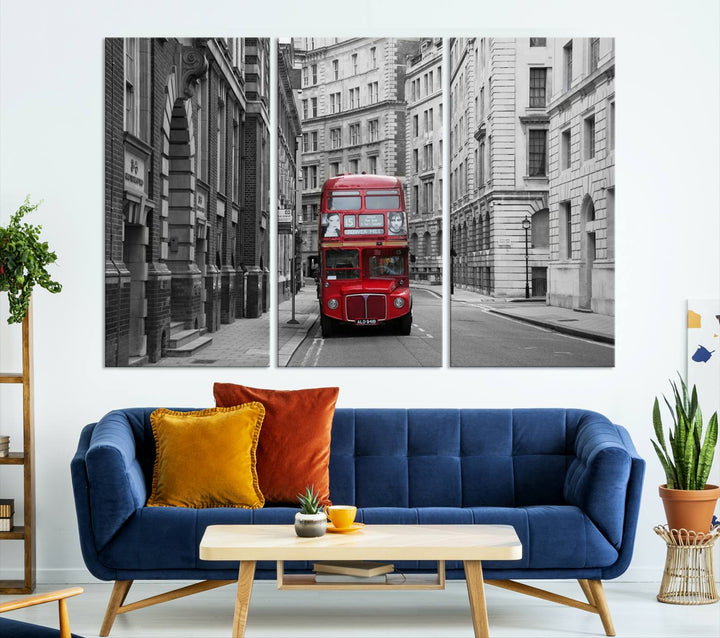 The living room features museum-quality London Red Bus Wall Art, showcasing a split canvas print of a red bus on a black and white city street. This artwork is ready to hang and includes a UV-protective coating to ensure long-lasting vibrance.