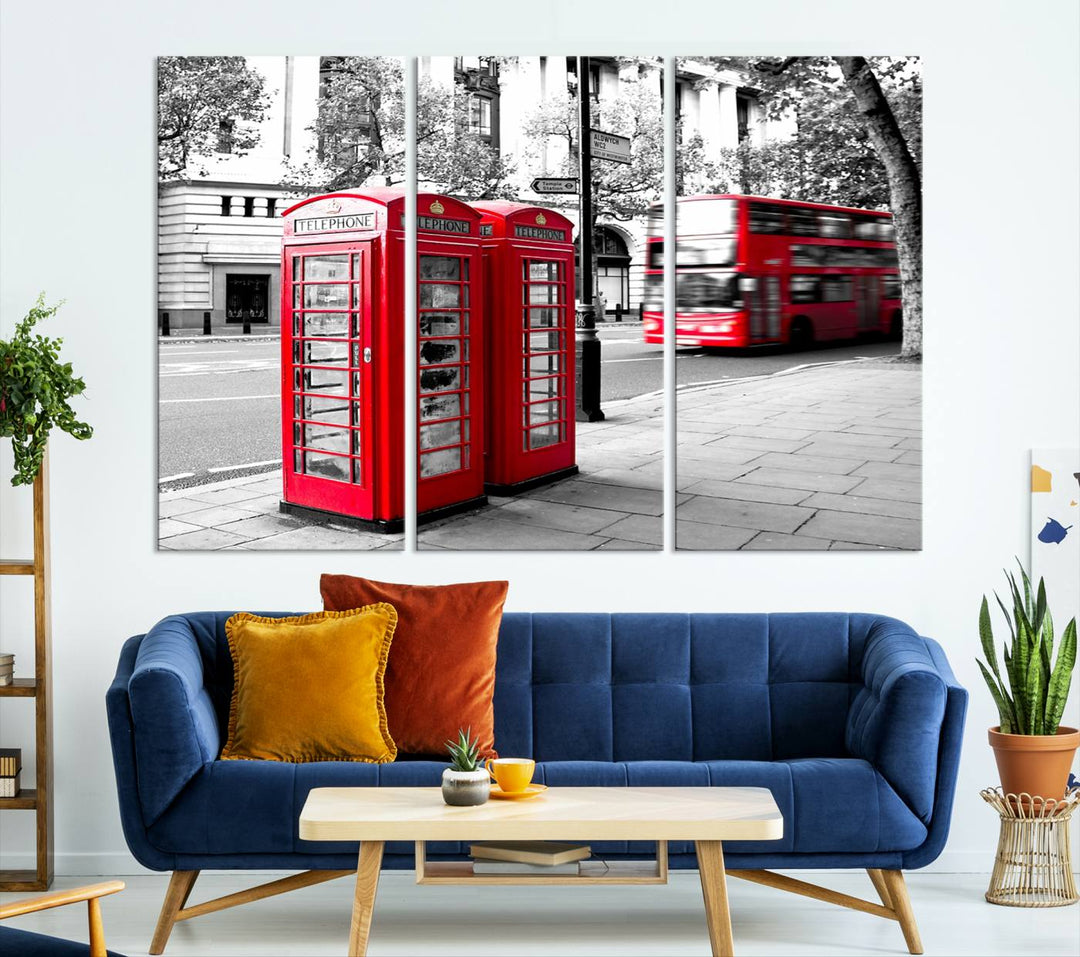 The London Red Bus and Phone Club Wall Art, a vivid night canvas print featuring iconic red buses and phone booths, is elegantly showcased on gallery-wrapped, museum-quality material. With its UV-protective coating, this captivating piece infuses your space with the charm of London.