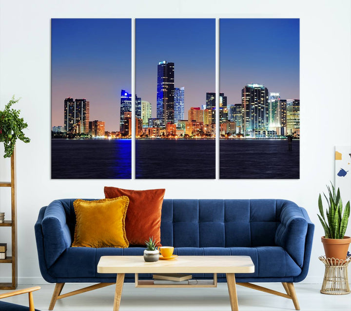 Miami City wall art canvas print showcasing a city skyline at dusk. Crafted on museum-quality canvas and designed to be ready to hang, it offers effortless elegance for your interior decor.