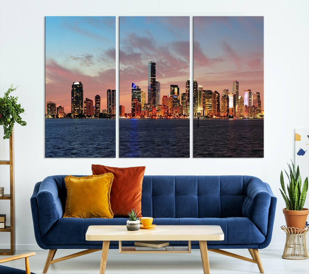 The Wall Art MIAMI Canvas Print emphasizes a vibrant cityscape at sunset. This artwork is presented on museum-quality canvas with gallery-wrapped edges, ensuring it stands out while maintaining its pristine condition for years to come.