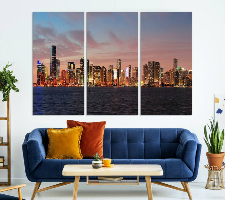 The living room features a gallery-wrapped triptych of the Miami City Wall Art Canvas Print above the sofa.